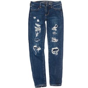 American Eagle Women's Distressed Dark Wash Patched Jeggings Size 00 Short